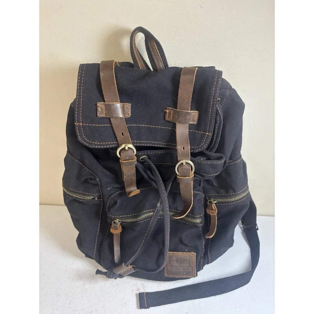 Augur Jans Canvas Hiking School Backpack Black/Brown Leather Straps Buckle Zip